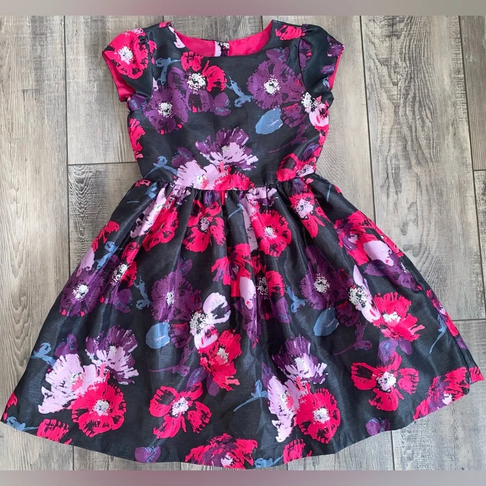 Gymboree Hot Pink Black Purple Lavender Floral Poppy Tulle Dress Girl’s Size 8